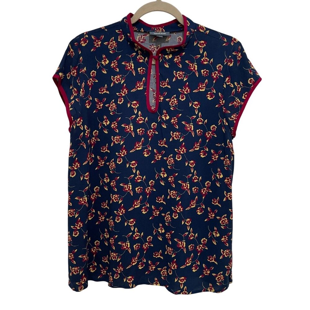 ModCloth Navy Floral Print Cap Sleeve Top‎ W/ Red Trim Womens Size L 100% Rayon